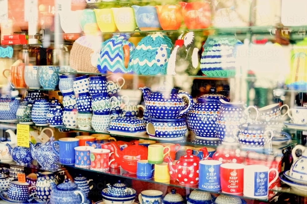 tea pots and cups on a shop display - Australian Stock Image