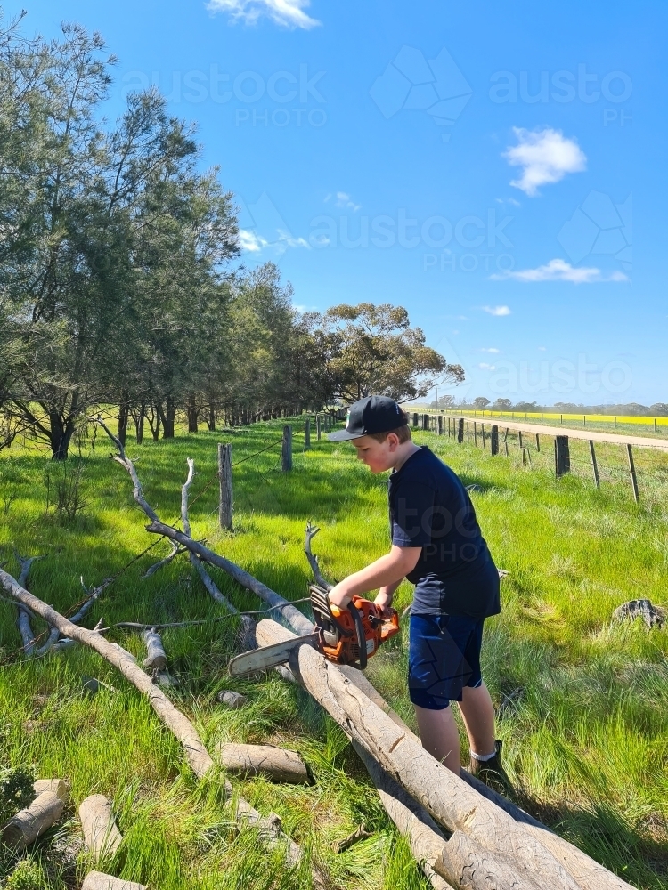 Teen boy cutting up tree with chainsaw on farm - Australian Stock Image
