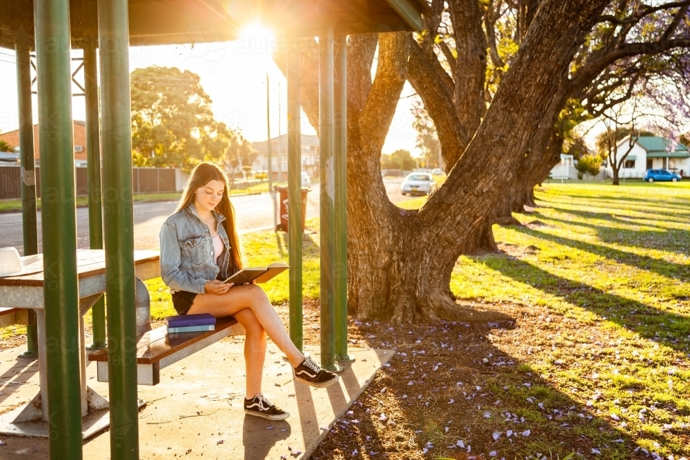 Teen girl sitting at a park bench relaxing and reading a novel in the afternoon - Australian Stock Image