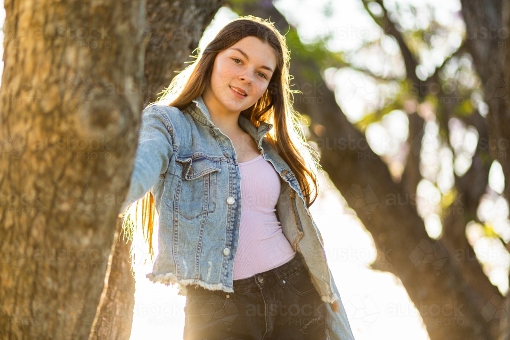 Teen girl standing in a tree backlit by golden light - Australian Stock Image