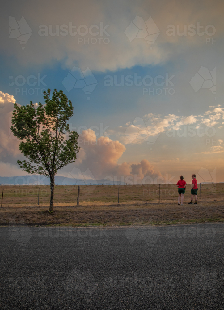 Teenage boy and girl near a tree watching the smoke of a bushfire in the distance - Australian Stock Image