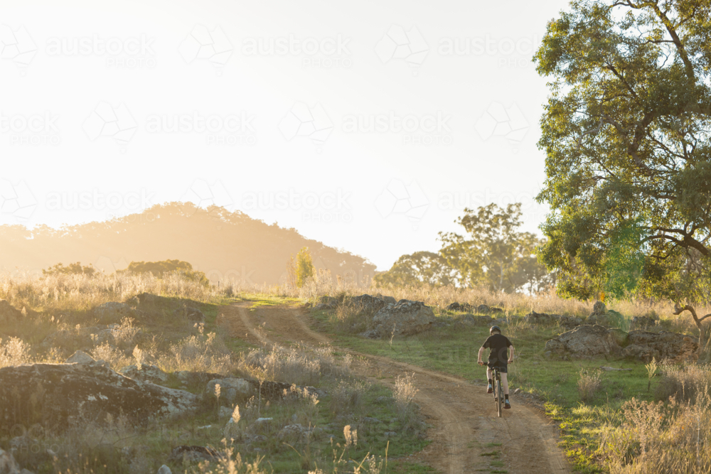 Teenage boy riding mountain bike uphill in rural countryside bathed in golden afternoon light - Australian Stock Image