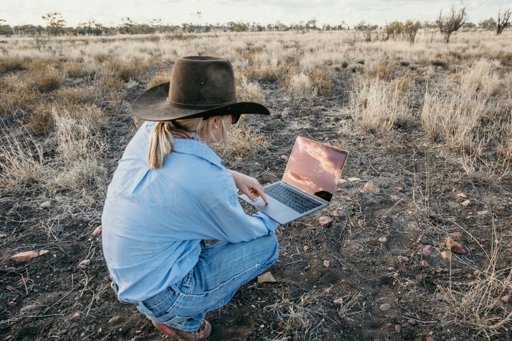 Teenage female in a paddock looking at laptop - Australian Stock Image