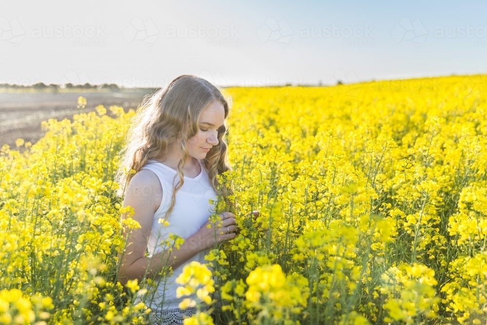 Teenage girl standing in canola field on farm in afternoon light - Australian Stock Image