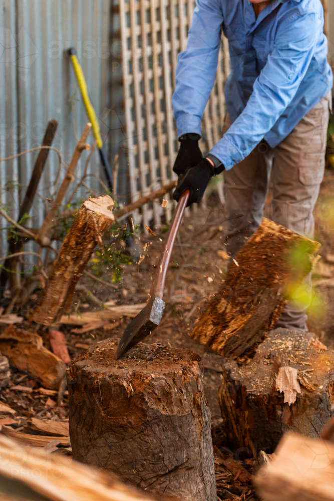 Teenager splitting wood for fire on chopping block in backyard - Australian Stock Image