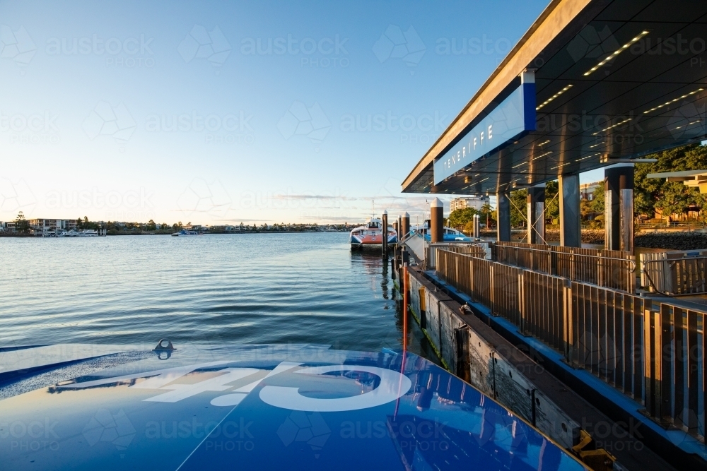 Teneriffe Citycat ferry terminal on the Brisbane River in the morning light - Australian Stock Image