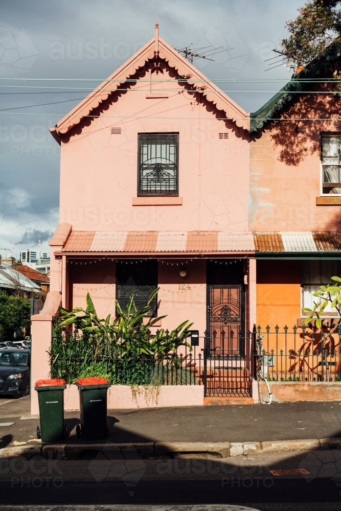 Terrace house in Glebe with bins out the front - Australian Stock Image