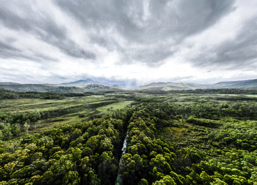 The area around Esperance River Forest Reserve on a stormy summer's day in Southwest National Park - Australian Stock Image