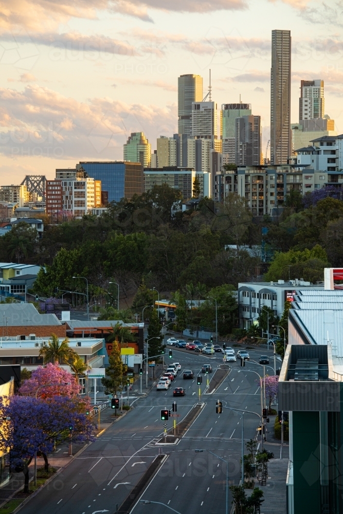 The city streets of Brisbane in the afternoon looking at traffic along Breakfast Creek road - Australian Stock Image