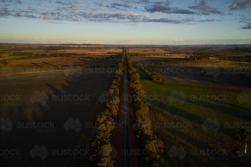 The early morning light shining on a road through a farm in rural Western Australia. - Australian Stock Image