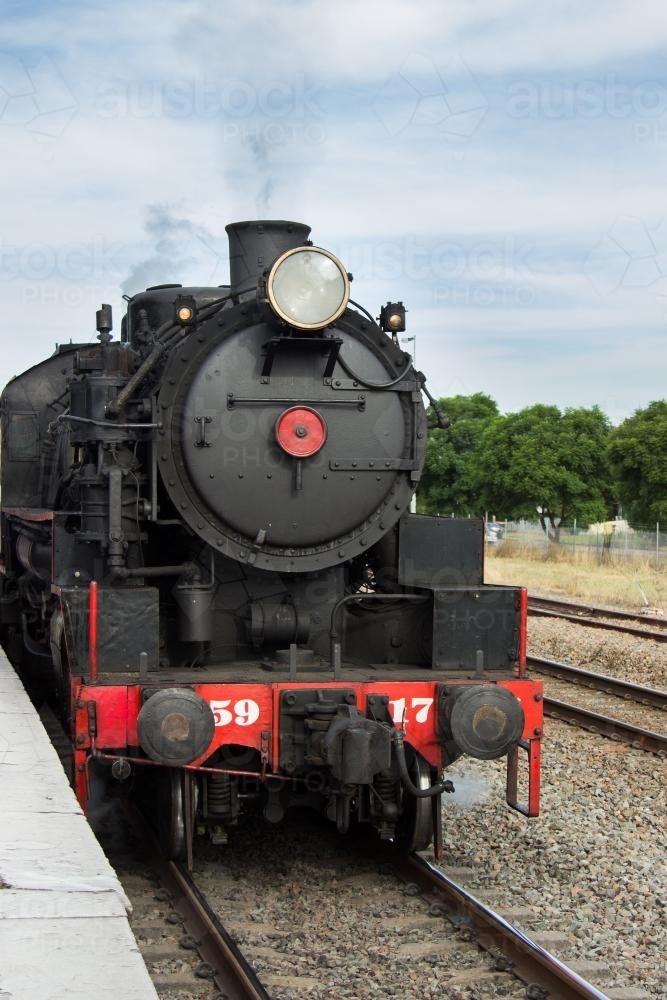 The front of an old steam train engine at Steamfest - Australian Stock Image