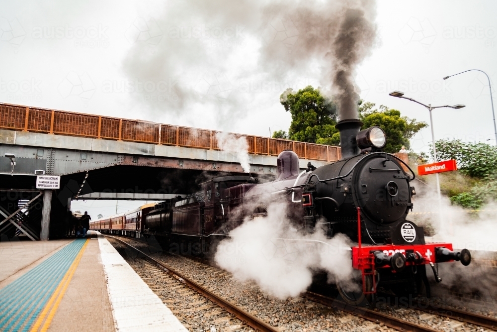 The front of an old steam train engine at Steamfest pulling out of the train station in Maitland - Australian Stock Image