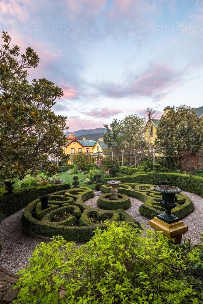 The gardens and hedges of the historic Corinda accommodation in Hobart - Australian Stock Image