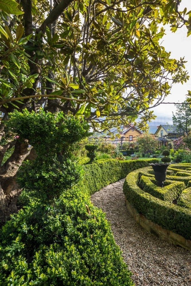 The gardens and hedges of the historic Corinda accommodation in Hobart - Australian Stock Image