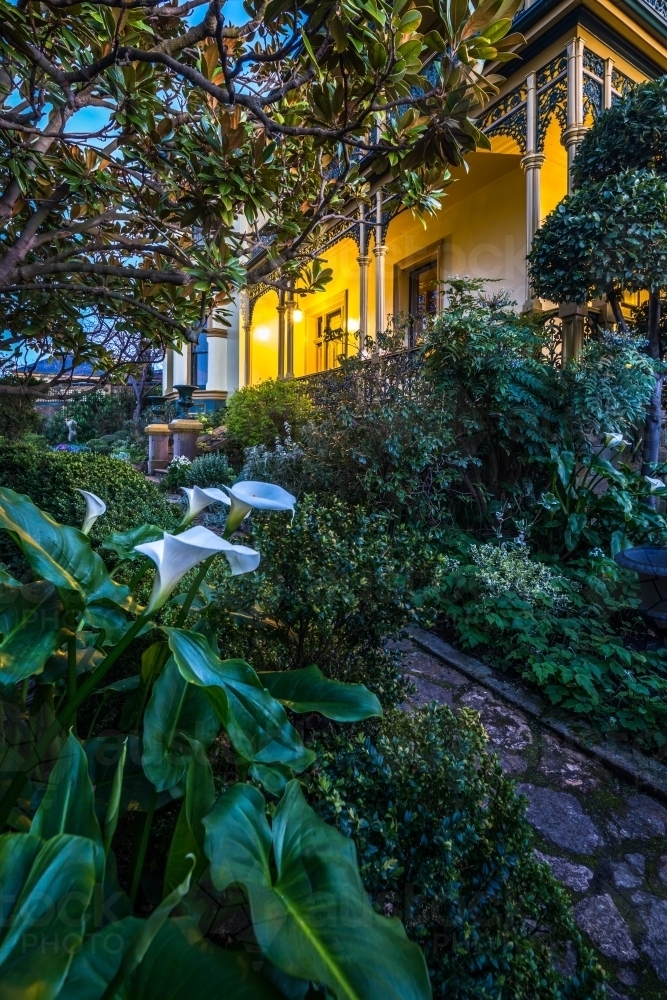 The gardens of historic Corinda accommodation in Hobart - Australian Stock Image