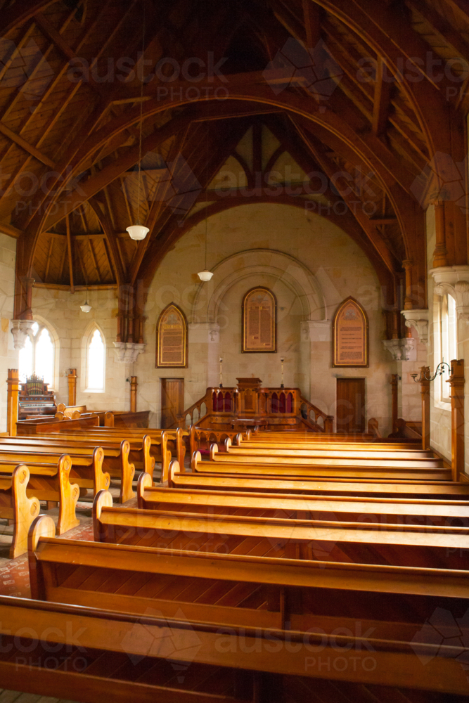 The historic interior on a sunny day in Ross Uniting Church - Australian Stock Image