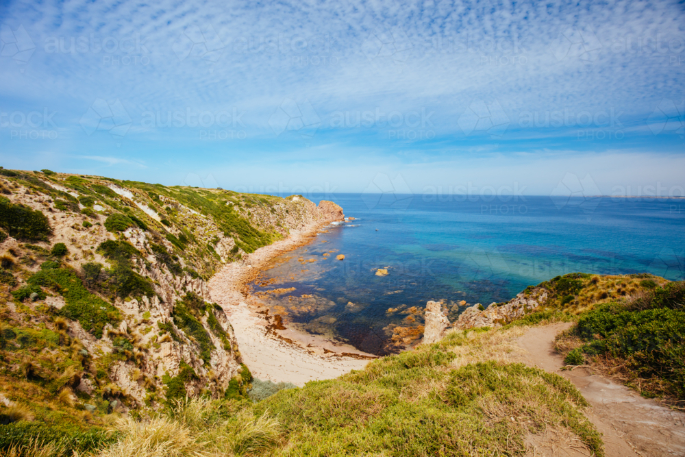 The iconic Cowrie Patch Beach near Cape Woolamai Surf Beach on Phillip Island, Victoria, Australia - Australian Stock Image