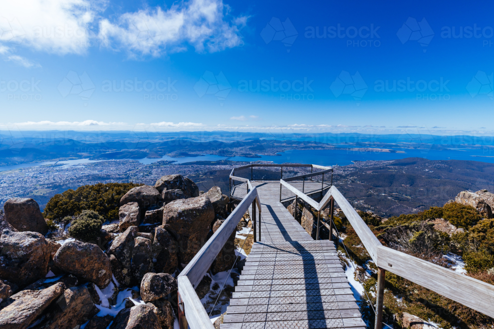 The iconic view from the summit of Mt Wellington on a cold spring morning looking over Hobart - Australian Stock Image