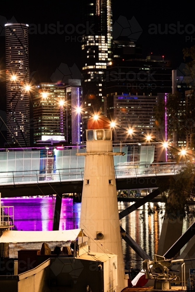 The inactive Bulwer Island Light at Queensland Maritime Museum at night - Australian Stock Image