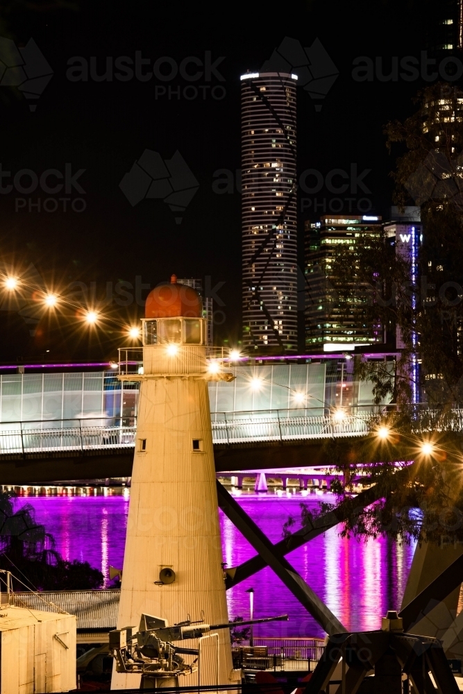 The inactive Bulwer Island Light at the Queensland Maritime Museum at night - Australian Stock Image