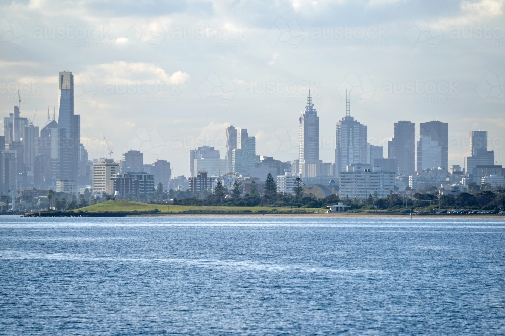 The Melbourne city CBD skyline seen from across Port Phillip Bay - Australian Stock Image
