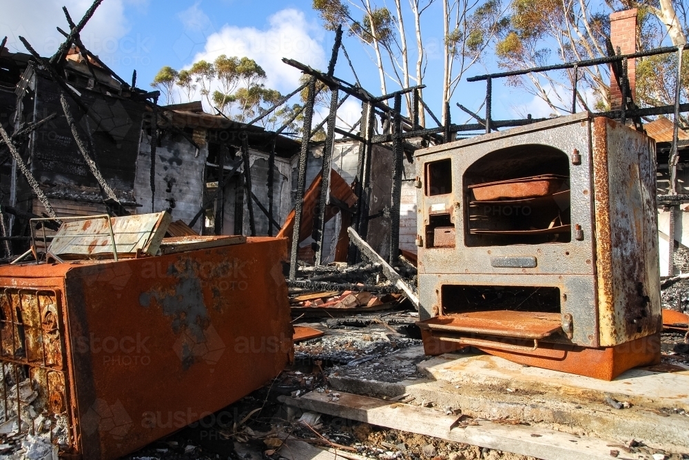 The remains of house fire in regional Victoria - Australian Stock Image