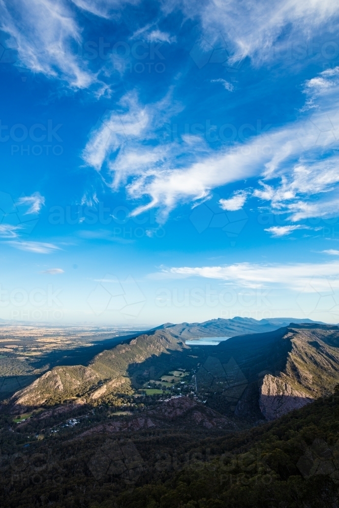 The scenic view from Boroka Lookout in the afternoon light looking over Halls Gap - Australian Stock Image