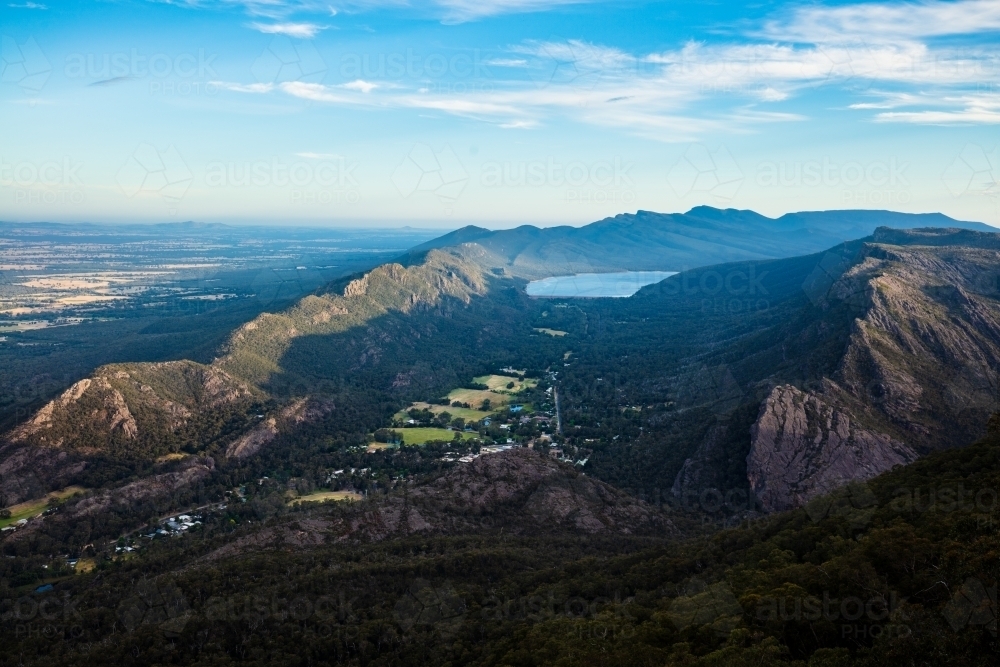 The scenic view from Boroka Lookout in the afternoon light looking over Halls Gap - Australian Stock Image