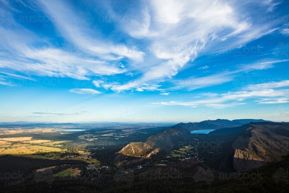 The scenic view from Boroka Lookout in the afternoon light looking over Halls Gap - Australian Stock Image