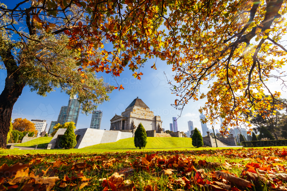 The Shrine of Remembrance and surrounding parklands and gardens - Australian Stock Image
