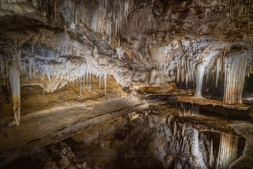 The Suspended Table and stalactites in Lake Cave, Western Australia - Australian Stock Image