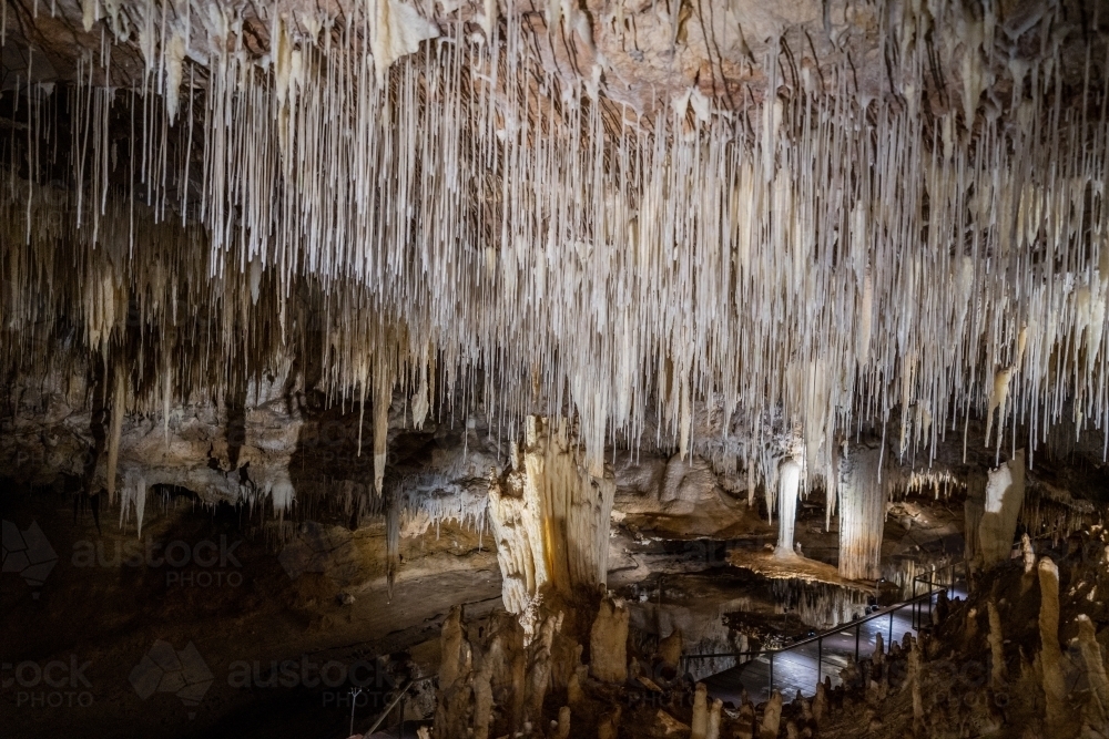 The Suspended Table and stalactites in Lake Cave, Western Australia - Australian Stock Image