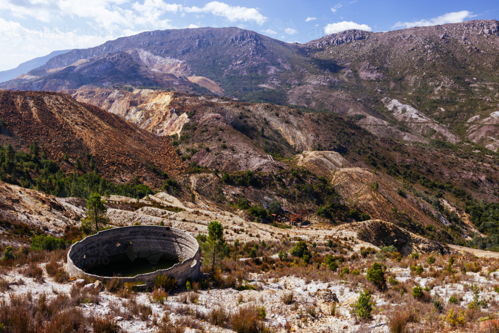 The view of Iron Blow Lookout on a hot summer's afternoon in Queenstown, Tasmania, Australia - Australian Stock Image