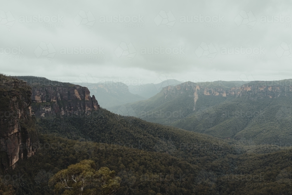 The views from Govetts Leap lookout on a cloudy day - Australian Stock Image