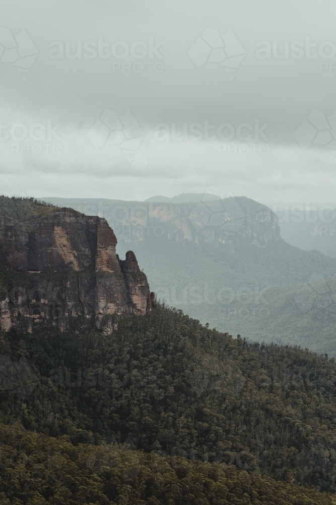 The views from Govetts Leap lookout on a cloudy day - Australian Stock Image