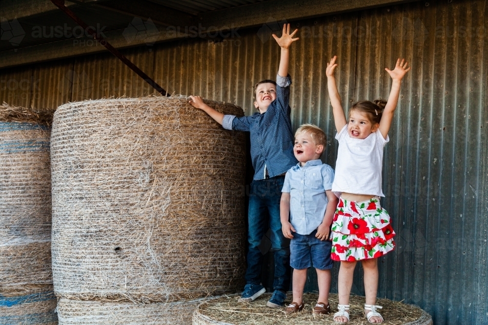 Three children with hands in the air playing on hay in shed on farm - Australian Stock Image