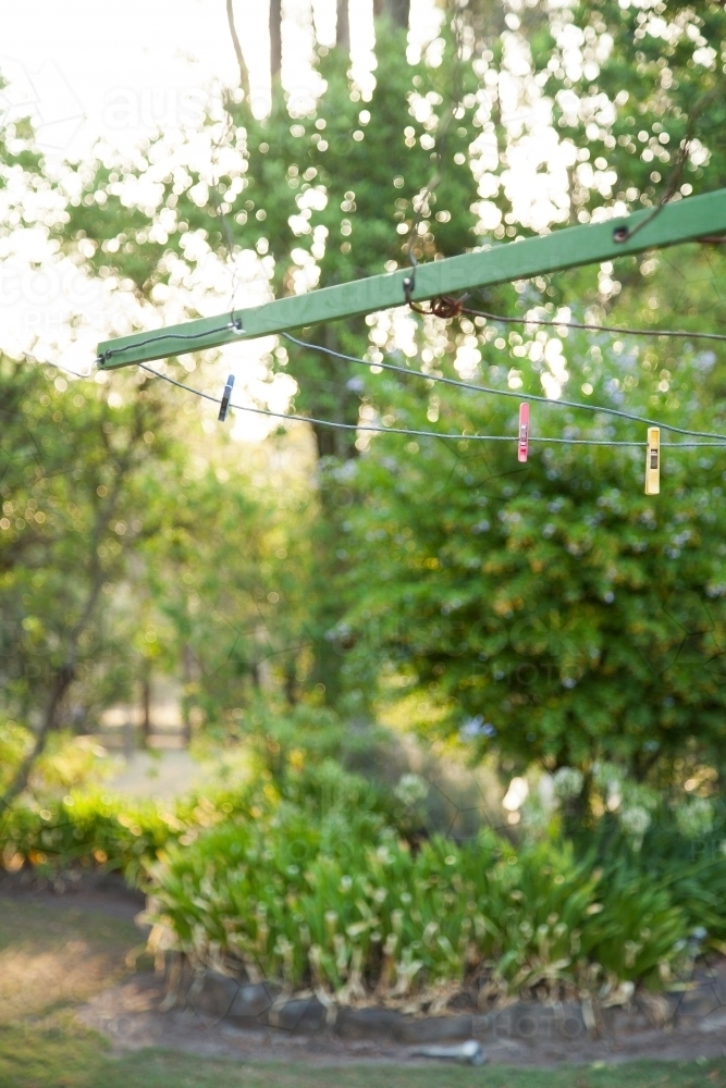 Three coloured clothes pegs hanging on an empty washingline with garden in background - Australian Stock Image
