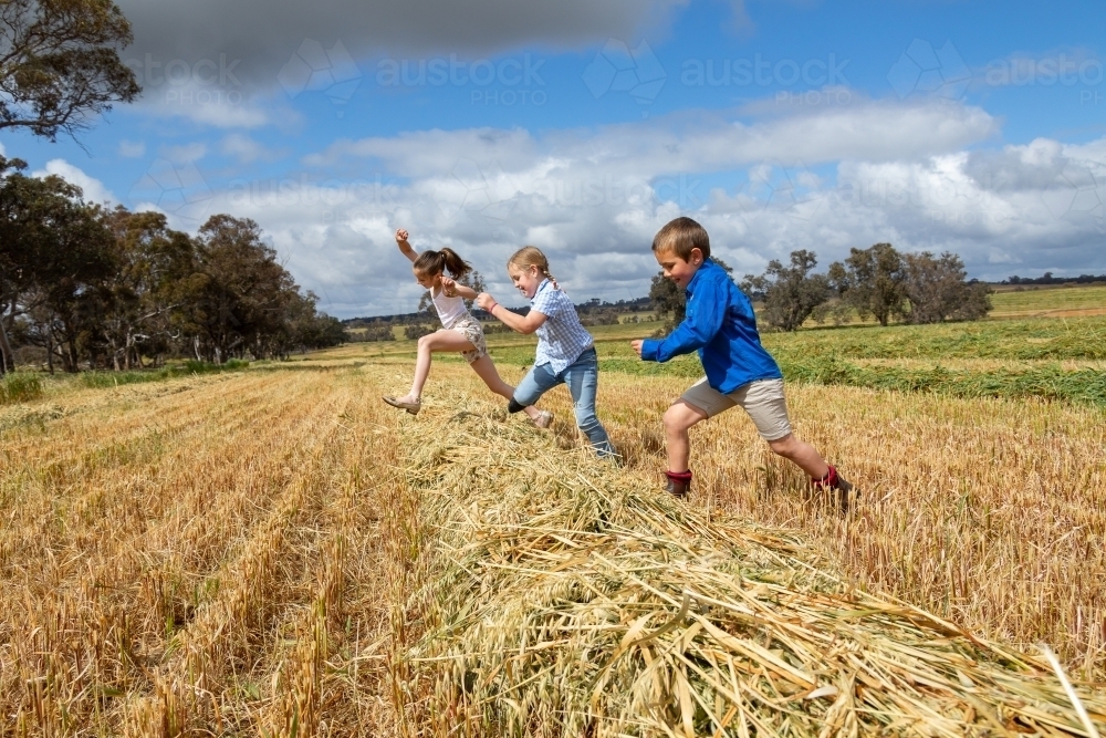 three farm kids jumping over windrow of hay - Australian Stock Image
