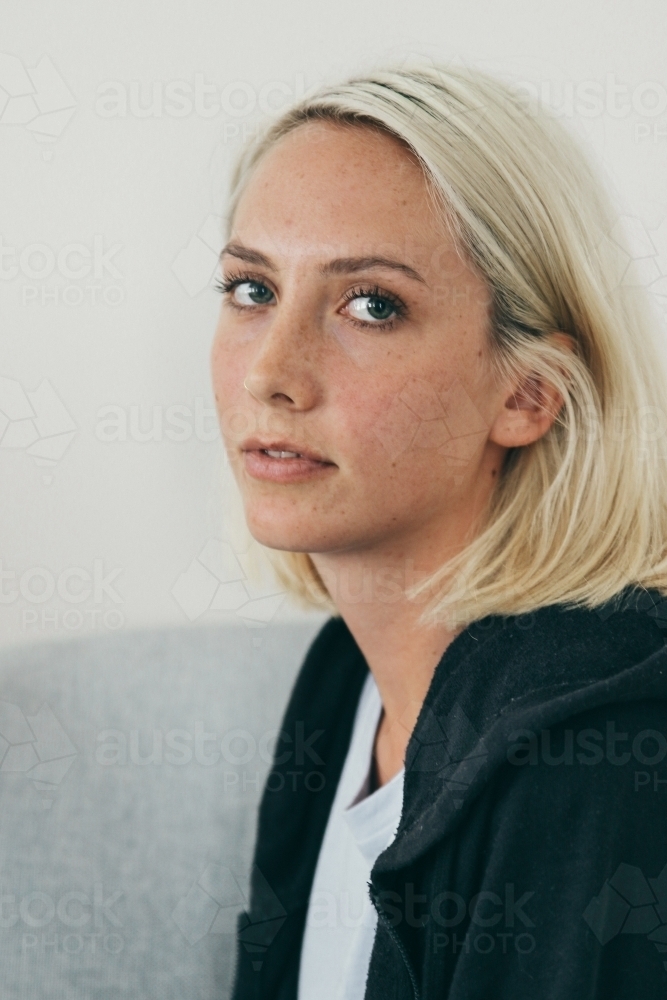 Image of Three quarter profile of young blonde woman in Image of Three quarter profile of young blonde woman in