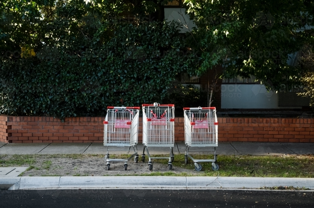 Three trolleys lined up in a row on the nature strip - Australian Stock Image