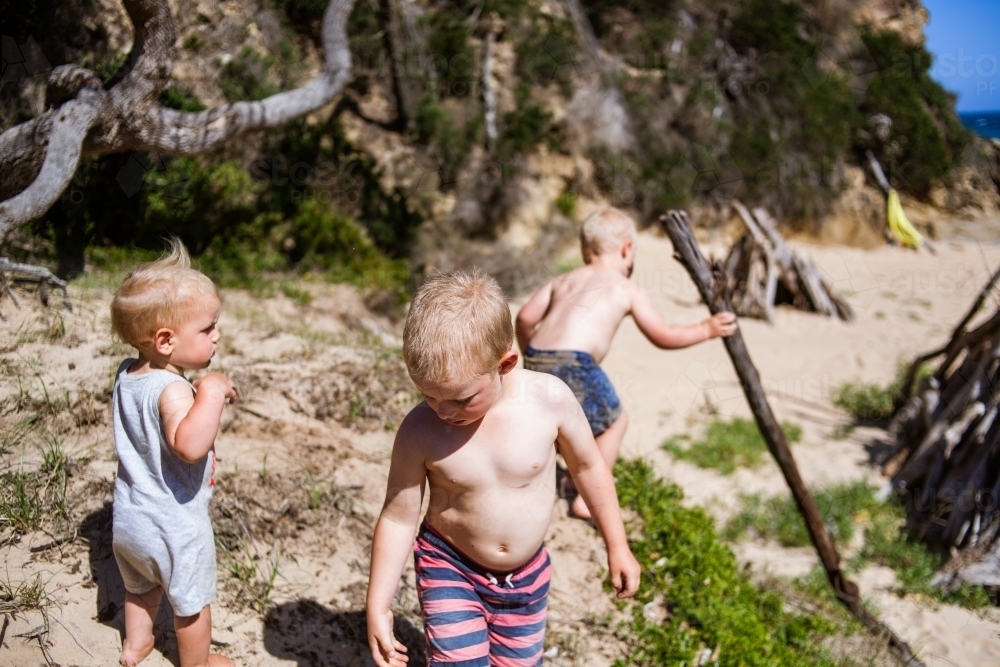 Three young boys playing together on a sand dune on a warm, sunny day. - Australian Stock Image