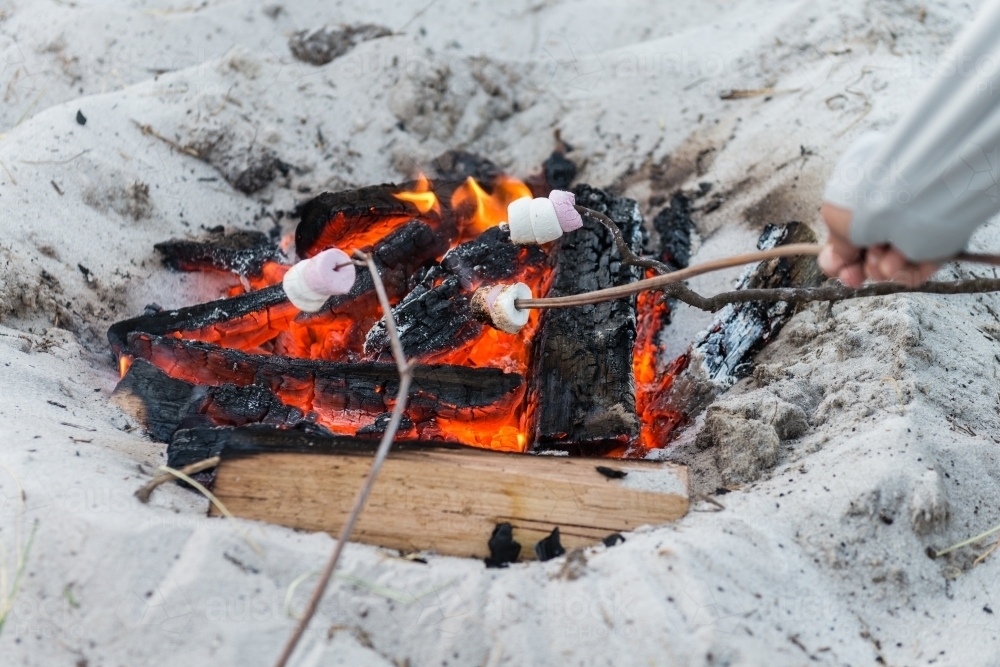 toasting marshmallows over a camp fire - Australian Stock Image