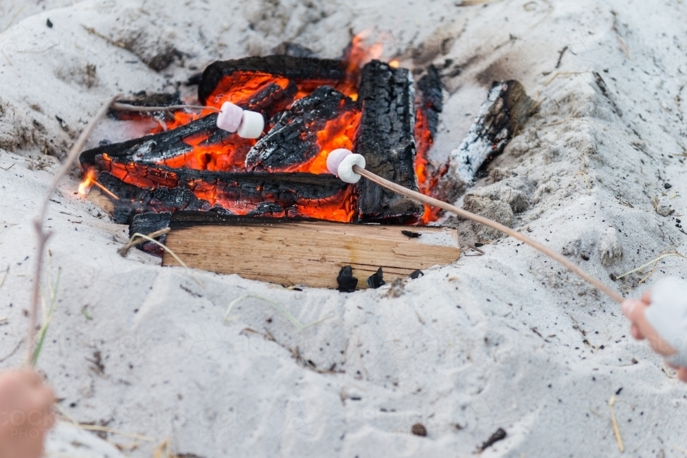 toasting marshmallows over a camp fire - Australian Stock Image