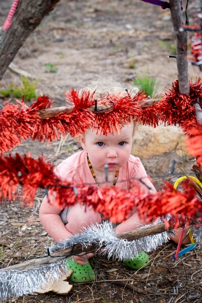 Toddler decorating bush Christmas tree with tinsel in rural setting - Australian Stock Image