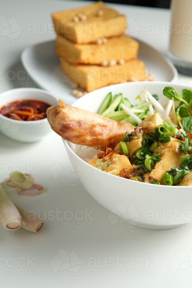 Tofu Bun Cha Gio bowl topped with fried spring roll. - Australian Stock Image