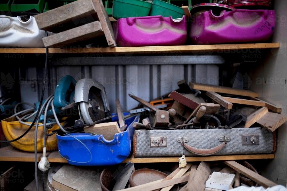 Tools in boxes on a shelf - Australian Stock Image