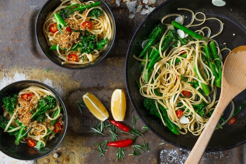 Top down of healthy Asian stir fry and noodles dish - Australian Stock Image