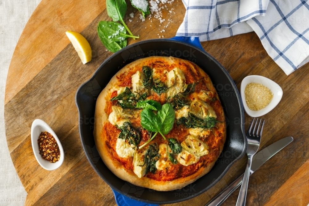Top down of healthy pizza dish - Australian Stock Image