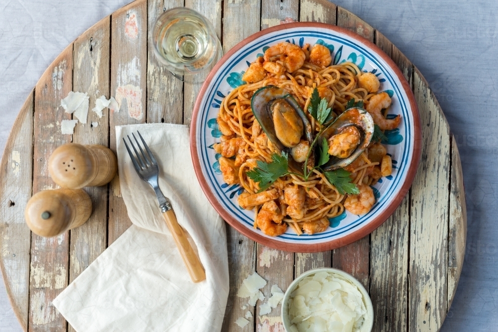 Top down of seafood and pasta dish - Australian Stock Image