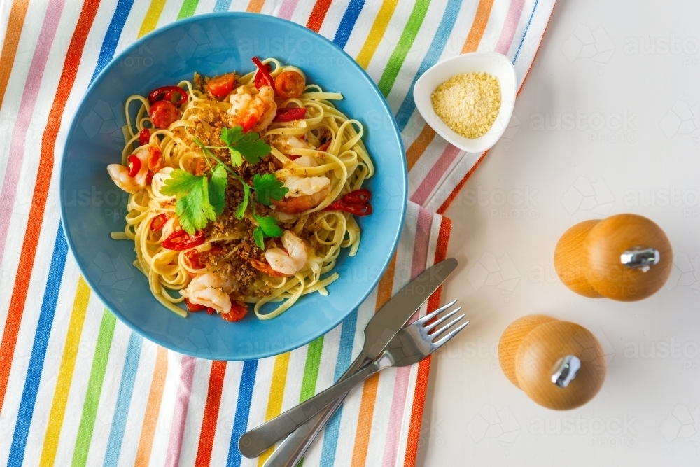 Top down of seafood pasta dish - Australian Stock Image